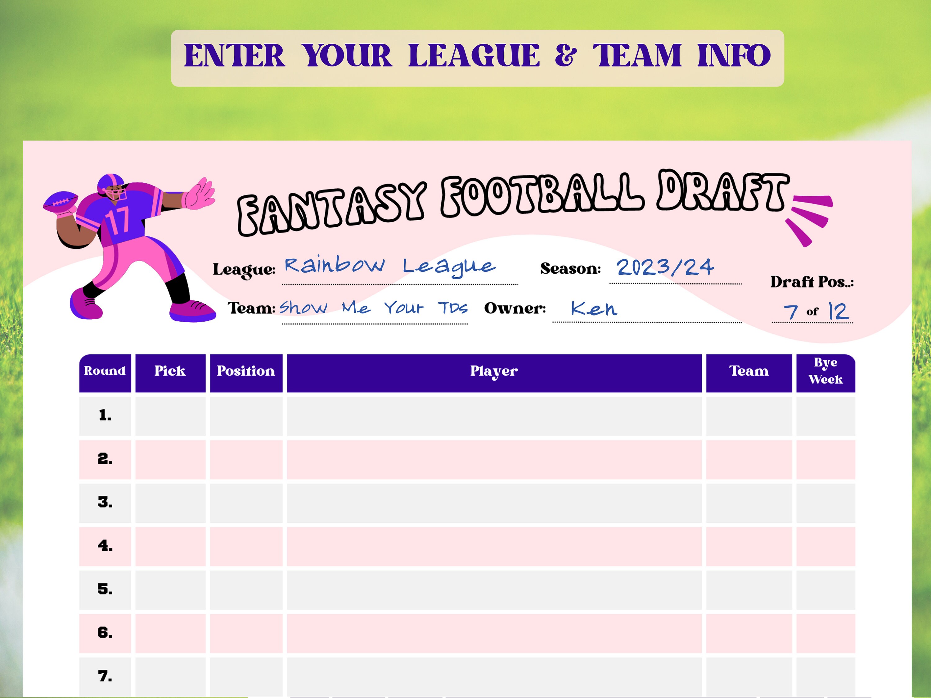2023 Fantasy Football Draft Kit Football Draft Sheet Fantasy Etsy