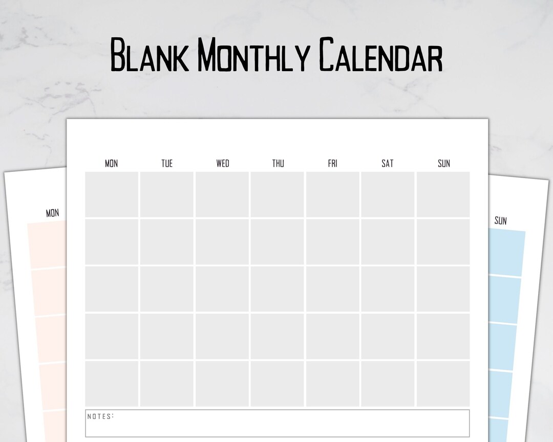 Blank Monthly Calendar Printable, Landscape Wall Calendar, US Letter A4 ...