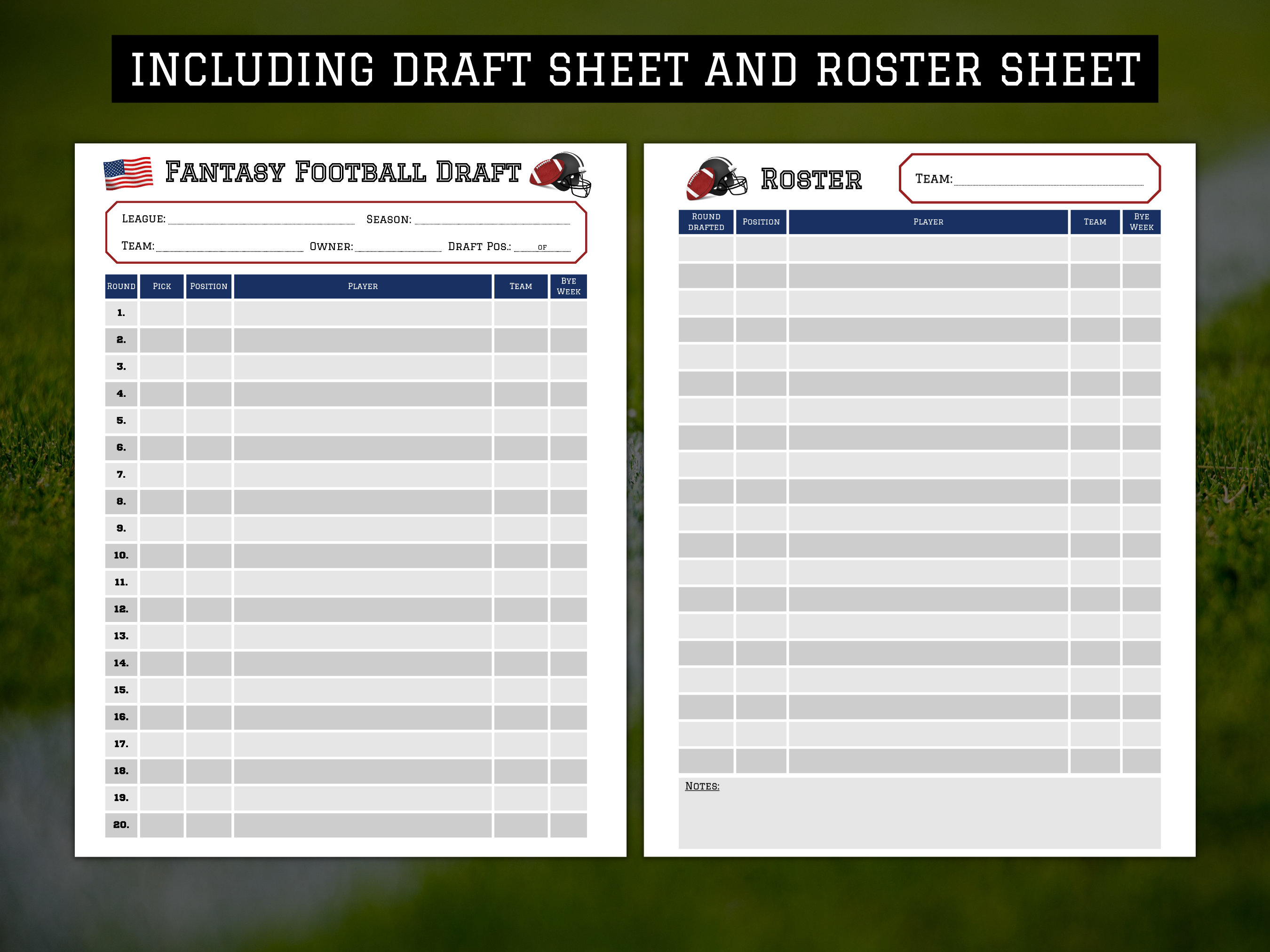 Fantasy Football Draft Kit, Football Draft Sheet and Roster, Fantasy
