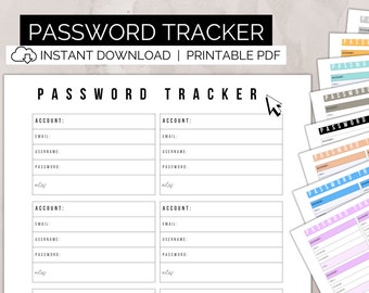 Password Tracker Printable, Password Keeper Template, US Letter & A4, 9 different Colors
