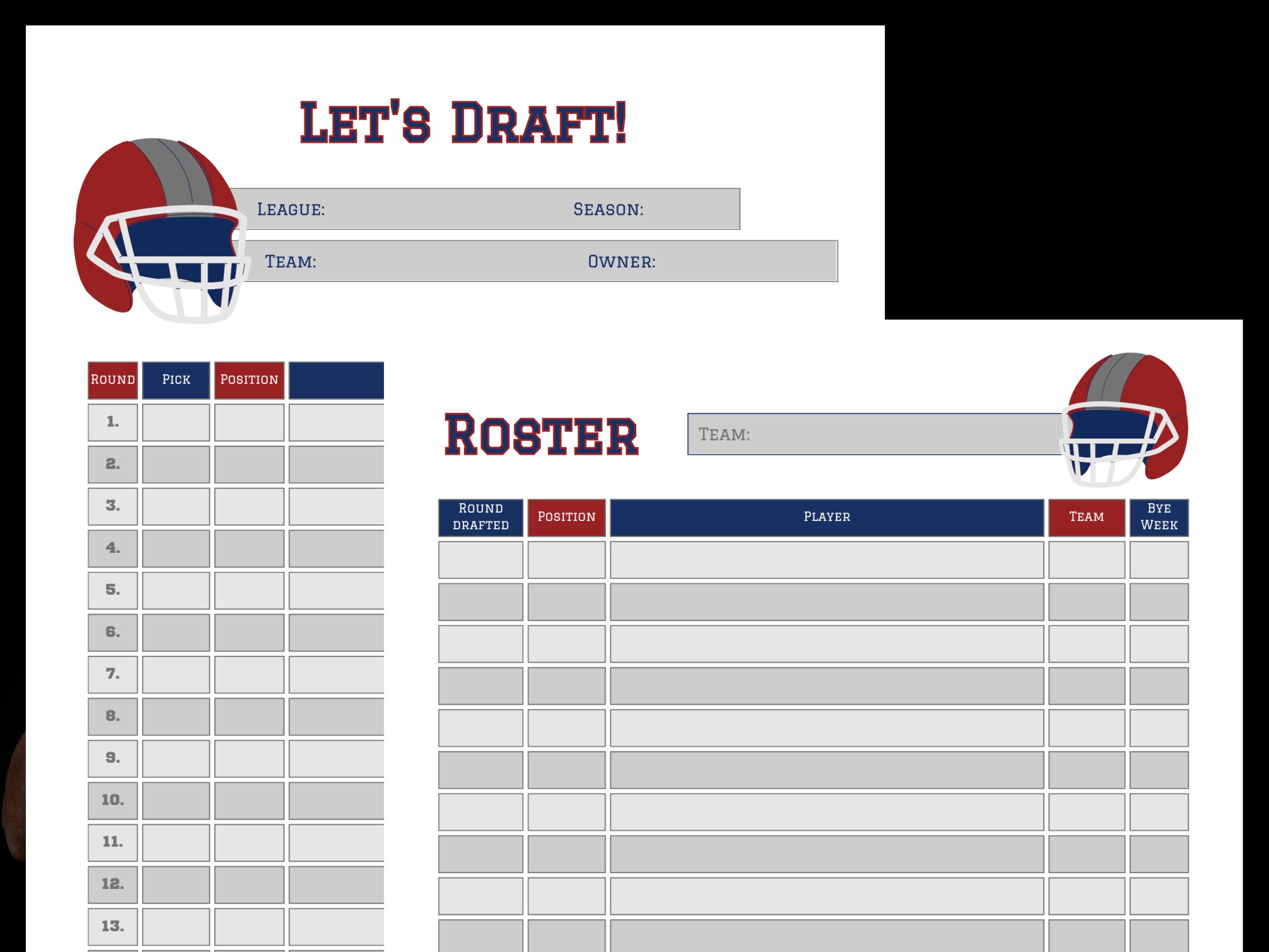 Fantasy Football Draft Kit, American Football Draft Sheet and Roster ...