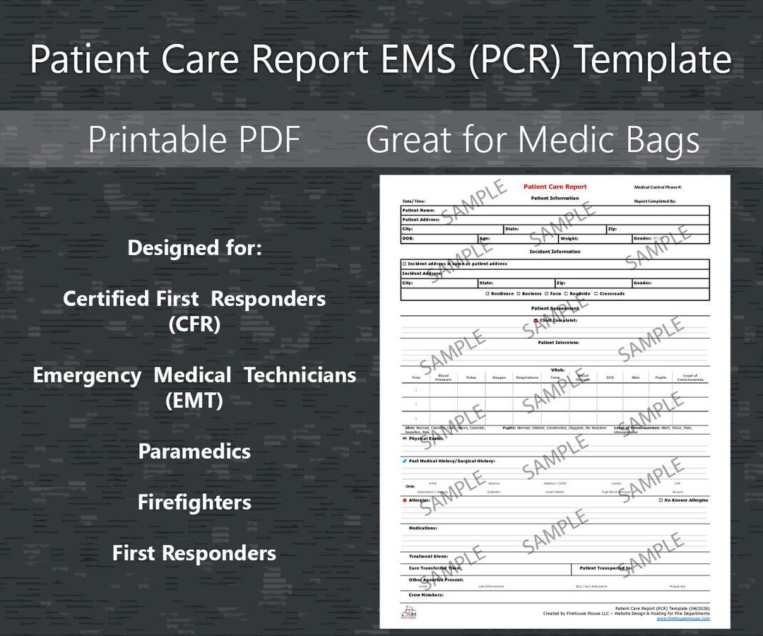 Printable Pcr Printable Patient Care Report EMS (PCR) Template | Firefighter Medical ...