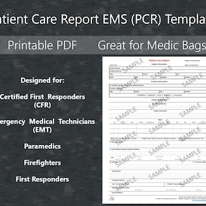 Pode incluir: Modelo de relatório de atendimento ao paciente em PDF imprimível, projetado para socorristas certificados, técnicos médicos de emergência, paramédicos, bombeiros e socorristas. Ótimo para bolsas médicas.
