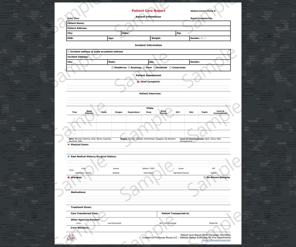Printable Pcr Printable Patient Care Report EMS (PCR) Template | Firefighter Medical ...