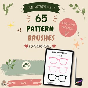 Może przedstawiać: Projekt grafiki cyfrowej z tabletem prezentującym trzy pary okularów z wzorami. Tekst zawiera "FUN PATTERNS VOL. 3", "65 PATTERN BRUSHES FOR PROCREATE" i "EASY TO USE". Projekt zawiera elementy dekoracyjne.