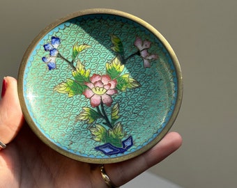 Vintage Cloisonné Enamelled Trinket Tray Dish // Teal Pink Floral Enamel // Unusual Boho Home Acessory Decor // Gift