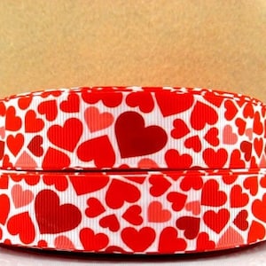 7/8&quot; Red Hearts-Grosgrain Single Sided Ribbon-You Choose Length
