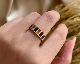 Rainbow Zircon Ring: Gold Tone Stainless Steel, Adjustable
