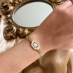 Baguette Bracelet, Gold Chain Bracelet, Minimalist Jewelry, Baguette Charm, Pave Diamond, Steel Bracelet, Anniversary Gifts