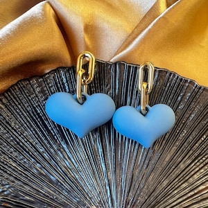 Blue Heart Earrings, Dangle Heart, Big Hearts, Dainty Gold Earrings, Gold Filled Jewelry, Drop Dangle Heart Korean Earrings, Gift For Her