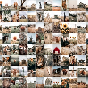 May include: A collage of 100 images showcasing a range of rural scenes, including farm animals, barns, fields, and rustic objects. The images are arranged in a grid pattern and feature a variety of colours, including brown, green, and blue.