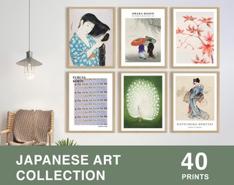 40x JAPANSE KUNSTprintset, Japans wanddecor, Hasui print, Japanse poster, Ohara Koson kunst, Japan kunst, Hokusai print, Japan digitaal