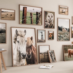 May include: A gallery wall featuring framed prints of various farm and nature scenes, including horses, a barn, a windmill, sunflowers, and a field of hay bales.
