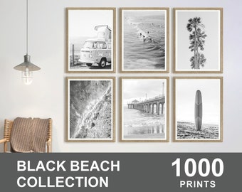 1000x zwart-witte strandafdrukken, strandset, strandmuurkunst, Californië-afdrukken, oceaanafdrukken, strand digitale download, kustprint, palm