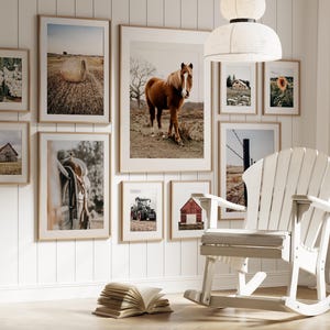 May include: A white rocking chair with a wooden frame sits in front of a wall with framed pictures of horses, barns, and farm scenes. The pictures are in various sizes and are arranged in a grid pattern.