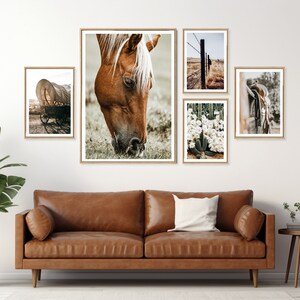 May include: A set of five framed prints featuring a brown horse, a wagon, a fence, cactus flowers, and a saddle. The prints are arranged in a grid pattern on a white wall above a brown leather sofa.