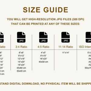 May include: A size guide for digital JPG files that can be printed in various sizes, including 4x6 inches, 6x8 inches, 8x10 inches, 11x14 inches, and A4, A3, and A2 sizes. The guide also includes metric measurements.