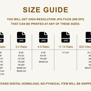 May include: A size guide for digital JPG files that can be printed in various sizes, including 4x6 inches, 6x8 inches, 8x10 inches, 11x14 inches, and A4, A3, and A2 sizes. The guide also includes metric measurements.