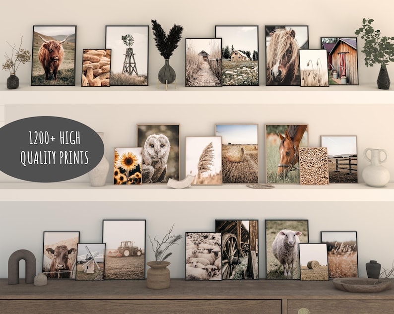 May include: A collection of framed prints featuring various farm and nature scenes, including a barn, a field of hay bales, a cow, a horse, a barn owl, and a flock of sheep. The prints are arranged on a shelf with a text overlay that reads "1200+ HIGH QUALITY PRINTS".