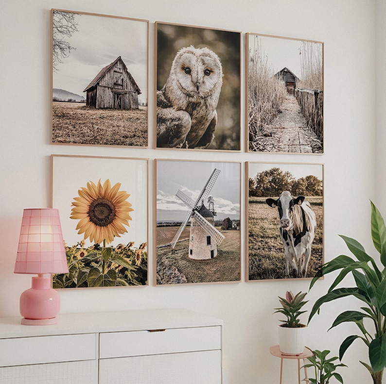 May include: Set of eight framed prints featuring various nature scenes, including a barn, a sunflower, a windmill, a barn owl, a cow, and a path through a field.