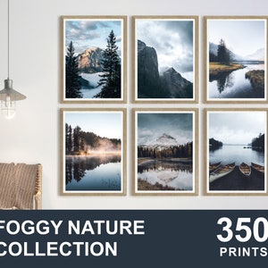 Könnte beinhalten: Ein Satz von sechs gerahmten Landschaftsfotos mit nebeligen Naturszenen. Die Fotos zeigen Berge, Seen und Wälder mit einer nebeligen Atmosphäre. Die Rahmen sind in hellem Holz gehalten und haben ein schlichtes Design.