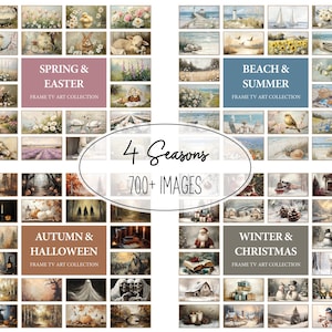 Könnte beinhalten: Eine Collage mit über 700 Bildern, die die vier Jahreszeiten darstellen: Frühling mit Blumen und Jungtieren, Sommer mit Stränden und Meereslandschaften, Herbst mit Kürbissen und Herbstlaub und Winter mit Schnee und Weihnachtsdekoration. Der Text "4 Seasons 700+ Images" ist in der Mitte der Collage dargestellt.