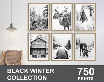 Set van 750 zwart-wit WINTER afdrukbaar, winter kunst aan de muur, winter prints, sneeuw afdrukbaar, winter digitale download, besneeuwde prints