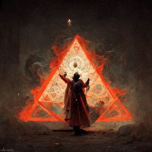 May include: A person in a red robe stands in front of a large, glowing, red triangle with intricate designs. The triangle is surrounded by a fiery orange glow.