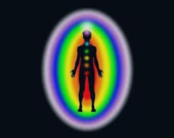 May include: Silhouette of a person with a colorful aura, featuring a spectrum of colors including red, orange, yellow, green, blue, indigo, and violet. The aura surrounds the body, with the colors aligned along the spine.