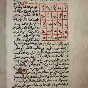 Puede incluir: Una página de un libro antiguo con texto árabe y un cuadro manuscrito con letras árabes. El texto trata sobre los beneficios de recitar el primer capítulo del Corán, conocido como la Fatiha.