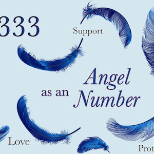 May include: Blue feathers with the number 333 and the text "Angel Number" with the words "Support", "Love", and "Protection" written below the feathers.