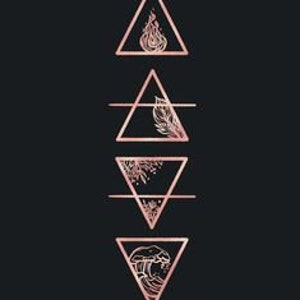 May include: Five rose gold triangles with different symbols inside. The top triangle has a flame, the second has a feather, the third has a flower, the fourth has a wave, and the bottom triangle has a shell.