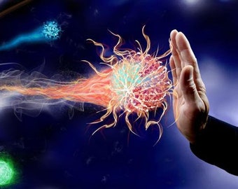 May include: Digital illustration depicting a hand blocking a large, spiky, red and orange virus. The virus is being attacked by various energy beams and particles against a dark blue background. The image conveys a theme of defense and protection.