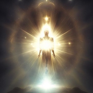 Puede incluir: Una figura brillante con los brazos extendidos se encuentra en una luz brillante, rodeada de un cielo estrellado oscuro. La figura irradia luz y hay una fuente de luz brillante debajo.