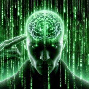 May include: A digital illustration of a human head with a glowing brain visible inside the skull, set against a background of cascading green binary code. The figure has bright green eyes and is gesturing with a hand near the temple.