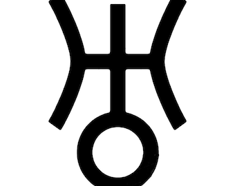 May include: Black and white astrological symbol for the planet Uranus.