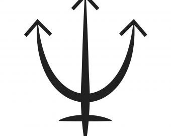 May include: Black and white line art illustration of a trident, a three-pronged spear, often associated with the Greek god Poseidon.