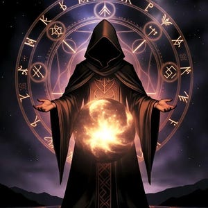 Puede incluir: Una figura encapuchada con túnica negra se encuentra frente a un portal circular brillante con símbolos rúnicos dorados. La figura sostiene un orbe de luz brillante y giratorio en sus manos. Arriba, una luna creciente brilla en el cielo.