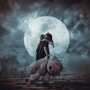 May include: A young person standing in front of a large, bright moon, holding a stuffed animal that resembles a lion. The background is a dark, cloudy sky.
