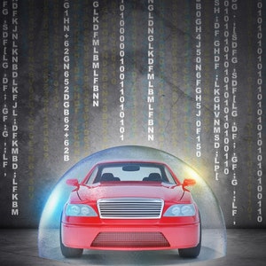 May include: A red car is protected by a transparent dome, surrounded by a wall of binary code and random letters. The car has a black grill and headlights.