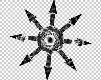 May include: A black and white eight-pointed star with arrows pointing outwards. The center of the star is a swirling, abstract design.