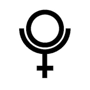 May include: A black and white symbol with a circle inside a crescent shape, topped with a cross.