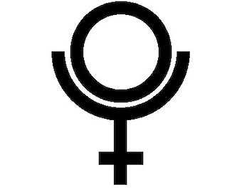 May include: A black and white symbol with a circle inside a crescent shape, topped with a cross.