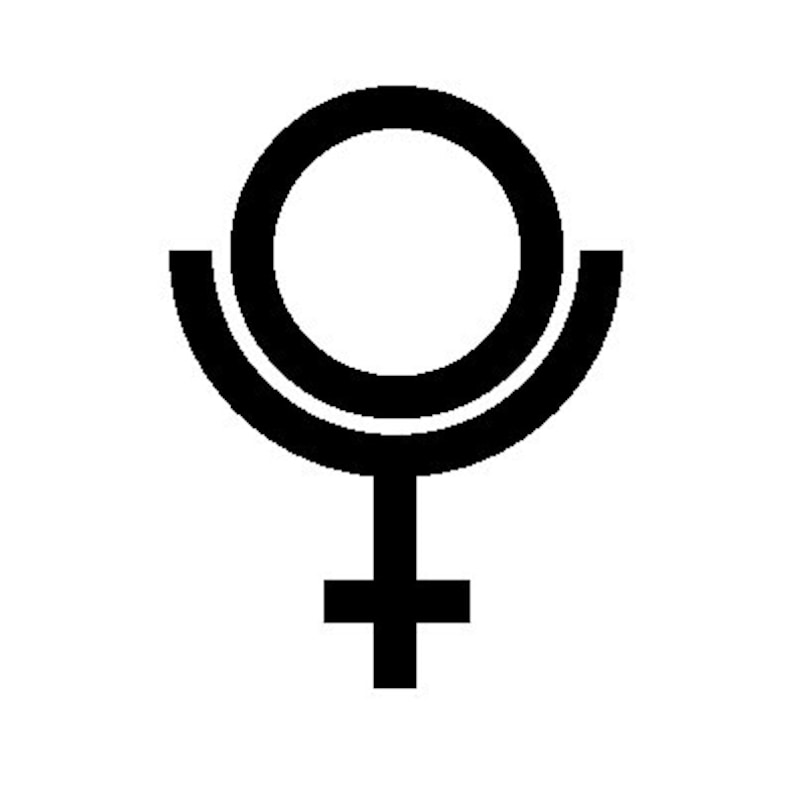 May include: A black and white symbol with a circle inside a crescent shape, topped with a cross.