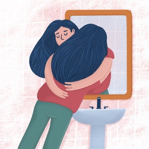 May include: A woman with long dark blue hair hugs herself in a mirror reflection. She is wearing a red shirt and blue trousers. The mirror is above a white porcelain sink.
