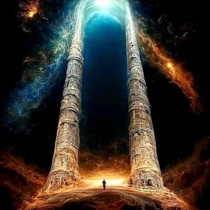 Puede incluir: Una persona camina hacia un gran arco azul y blanco brillante en un cielo estrellado oscuro. El arco está formado por dos pilares altos y tallados intrincadamente.