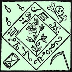 Peut inclure: Illustration carrée sur fond vert clair. Un losange central contient un motif floral. Divers symboles entourent le losange, dont une tête de mort, une faux et d'autres formes abstraites. Le design a une esthétique vintage, possiblement occulte.