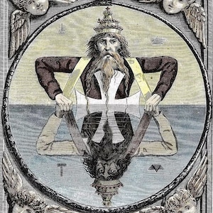 May include: An antique illustration featuring a crowned figure with a long beard, holding a triangle. The figure is within a circular frame, surrounded by cherubic faces and wings. The artwork has a vintage, detailed style with a mix of colors.