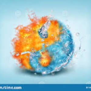 Może przedstawiać: Symbol yin yang z ogniem i wodą wirującymi wokół niego. Ogień jest pomarańczowy i żółty, a woda jest niebieska. Tło jest jasnoniebieskie.