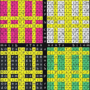 May include: A colourful chart with a grid of letters, arranged in a square. The chart is divided into four sections, labelled "East", "South", "West", and "North". Each section has a different colour scheme, with yellow, green, pink, and black squares. The chart is titled "Patrick Mulcahy 2022".
